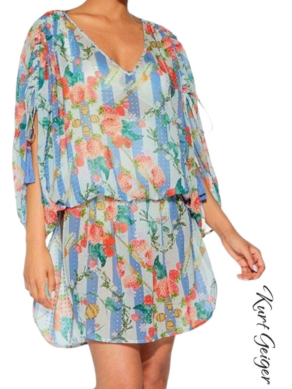 Kurt Geiger Strawberry Embellushed Striped Swim Cover Up Tunic Sz S NWT